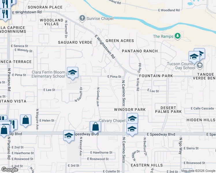 map of restaurants, bars, coffee shops, grocery stores, and more near 8538 East Lee Place in Tucson
