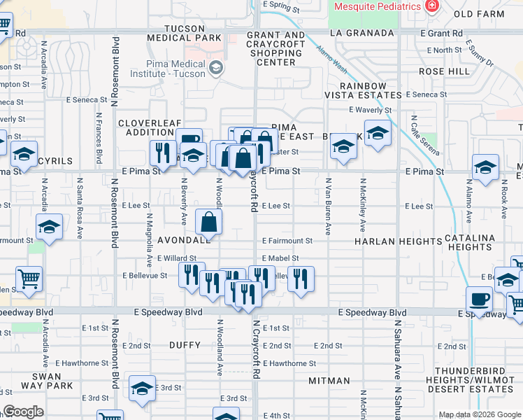 map of restaurants, bars, coffee shops, grocery stores, and more near 1502 North Craycroft Road in Tucson