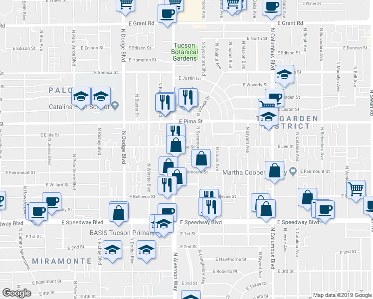 map of restaurants, bars, coffee shops, grocery stores, and more near 1451 North Sycamore Boulevard in Tucson