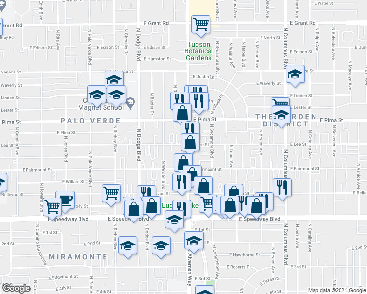 map of restaurants, bars, coffee shops, grocery stores, and more near 1507 North Alvernon Way in Tucson