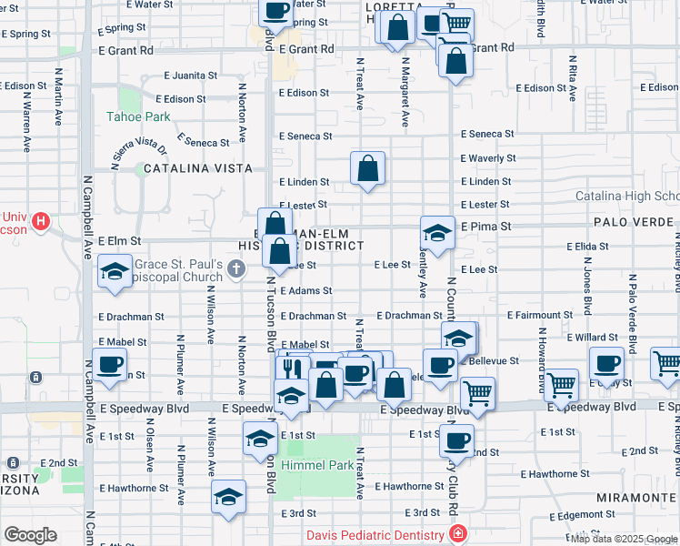 map of restaurants, bars, coffee shops, grocery stores, and more near 2621 East Adams Street in Tucson