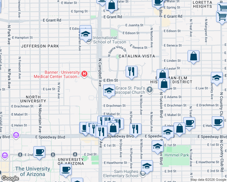 map of restaurants, bars, coffee shops, grocery stores, and more near 2041 East Adams Street in Tucson