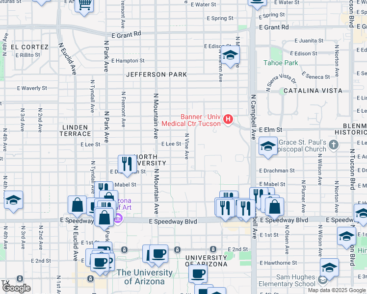 map of restaurants, bars, coffee shops, grocery stores, and more near 1425 East Adams Street in Tucson