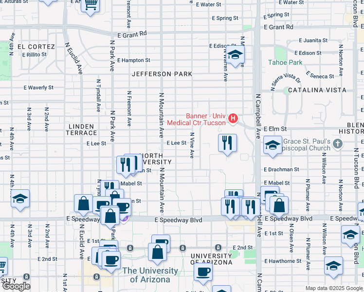 map of restaurants, bars, coffee shops, grocery stores, and more near 1425 East Adams Street in Tucson