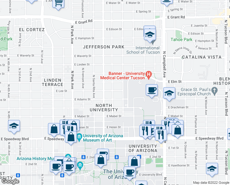 map of restaurants, bars, coffee shops, grocery stores, and more near 1425 East Adams Street in Tucson