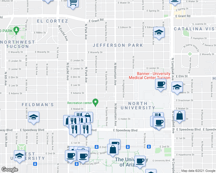 map of restaurants, bars, coffee shops, grocery stores, and more near 1512 North Santa Rita Avenue in Tucson
