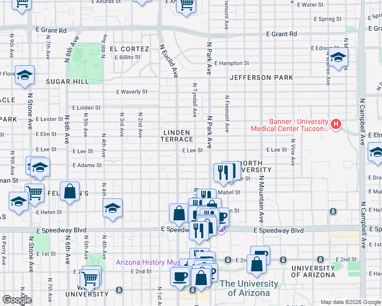 map of restaurants, bars, coffee shops, grocery stores, and more near 1524 North Tyndall Avenue in Tucson