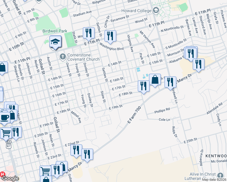 map of restaurants, bars, coffee shops, grocery stores, and more near 1203 East 18th Street in Big Spring