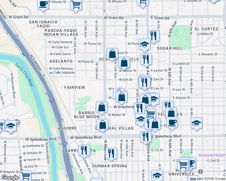 map of restaurants, bars, coffee shops, grocery stores, and more near 1508 North Oracle Road in Tucson