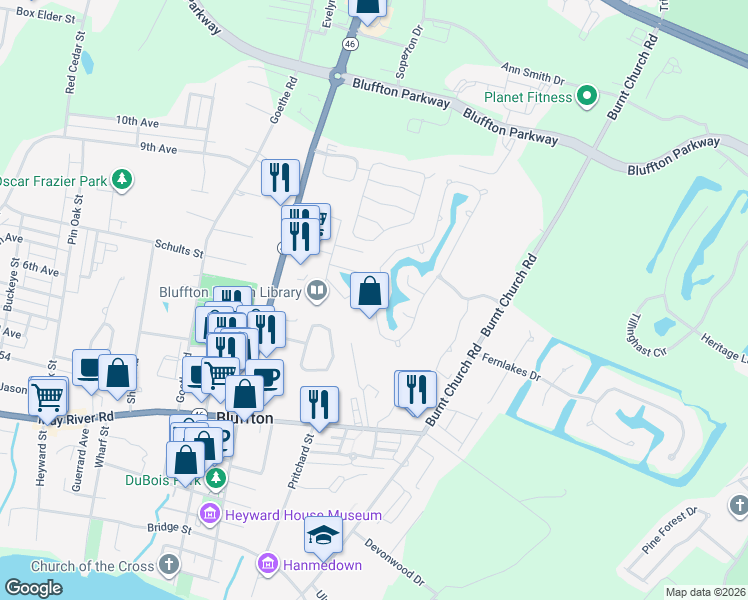map of restaurants, bars, coffee shops, grocery stores, and more near 165 Lake Linden Drive in Bluffton