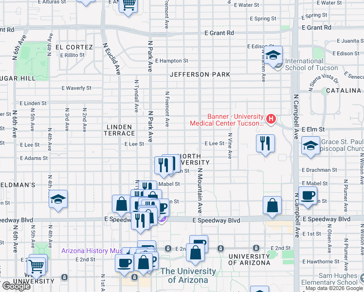map of restaurants, bars, coffee shops, grocery stores, and more near 1581 North Santa Rita Avenue in Tucson