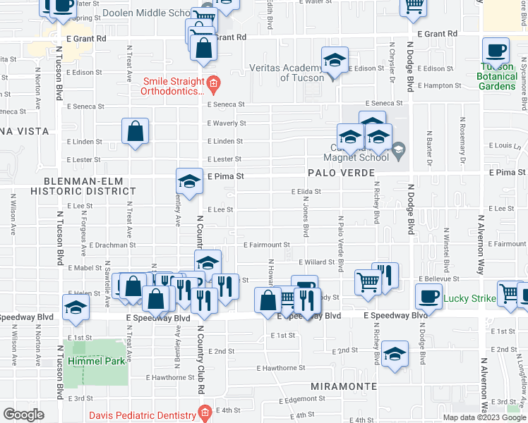 map of restaurants, bars, coffee shops, grocery stores, and more near 3231 East Camden Street in Tucson