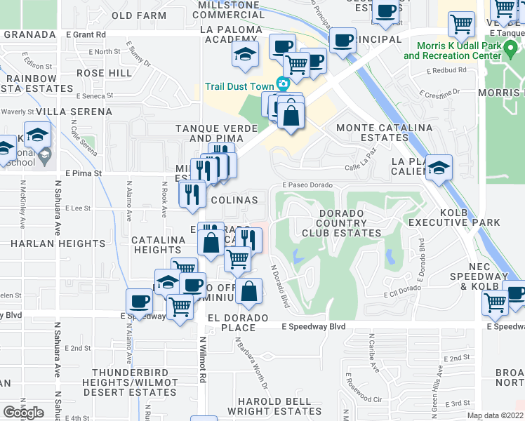 map of restaurants, bars, coffee shops, grocery stores, and more near 1620 North Wilmot Road in Tucson