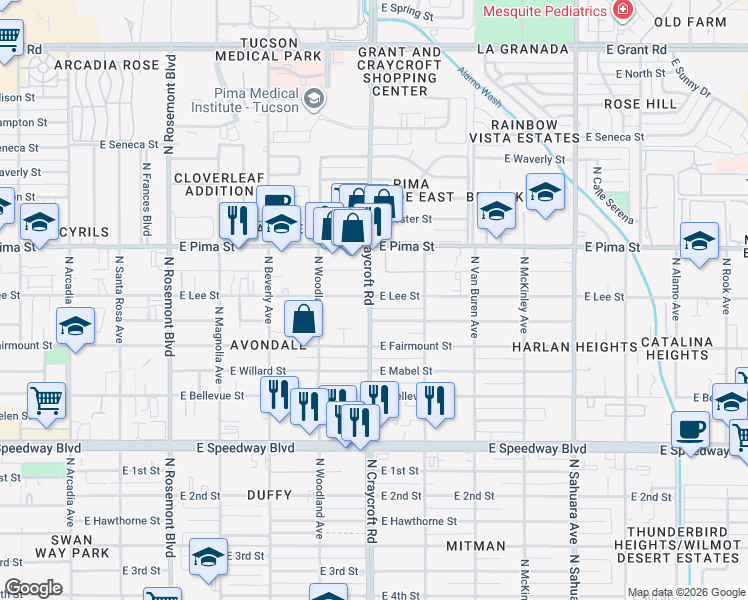 map of restaurants, bars, coffee shops, grocery stores, and more near 1502 North Craycroft Road in Tucson