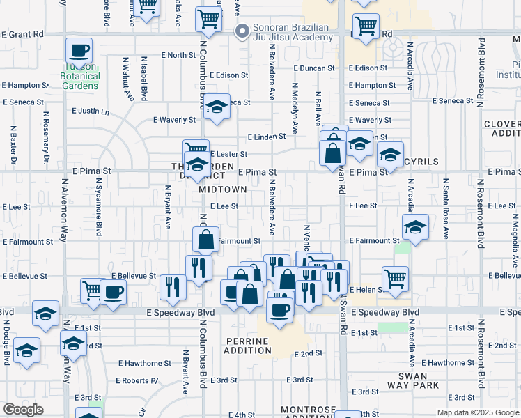 map of restaurants, bars, coffee shops, grocery stores, and more near 4444 East Lee Street in Tucson