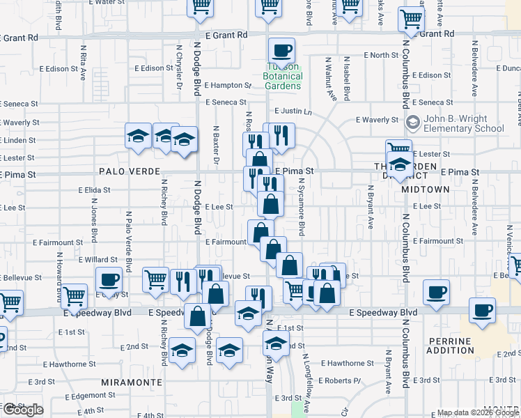 map of restaurants, bars, coffee shops, grocery stores, and more near 1507 North Alvernon Way in Tucson