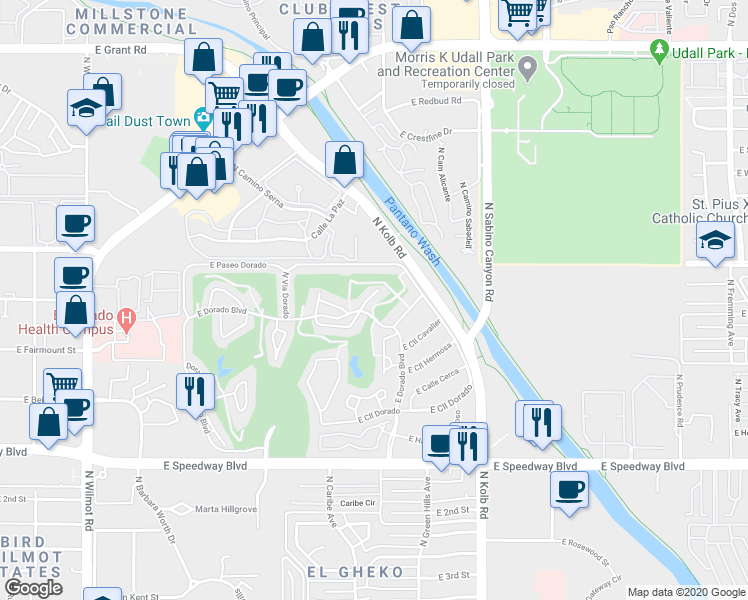 map of restaurants, bars, coffee shops, grocery stores, and more near 6864 East Calle De Oro in Tucson
