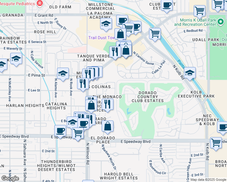 map of restaurants, bars, coffee shops, grocery stores, and more near 1620 North Wilmot Road in Tucson
