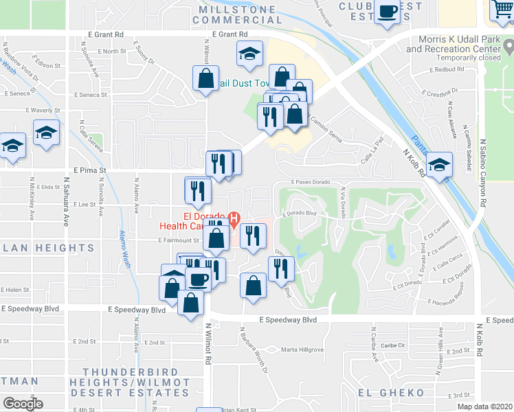 map of restaurants, bars, coffee shops, grocery stores, and more near 1620 North Wilmot Road in Tucson