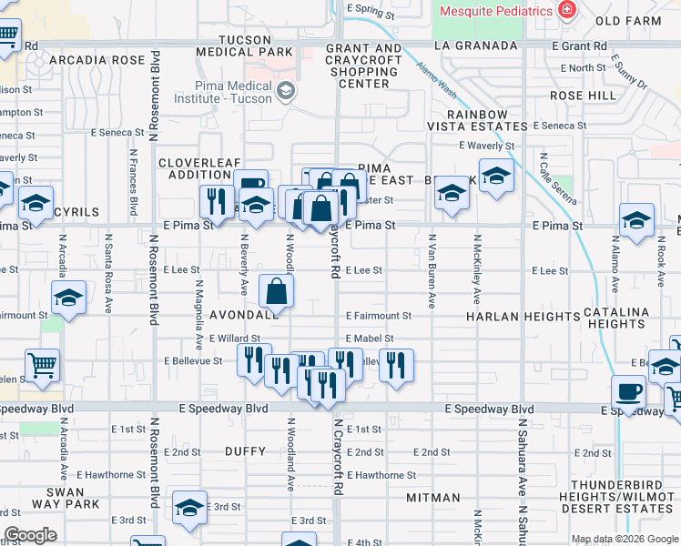 map of restaurants, bars, coffee shops, grocery stores, and more near 1502 North Craycroft Road in Tucson