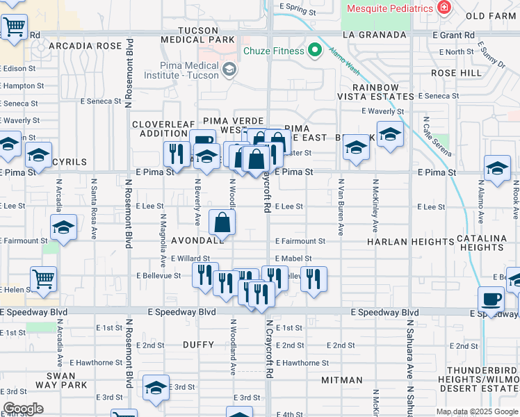 map of restaurants, bars, coffee shops, grocery stores, and more near 1502 North Craycroft Road in Tucson