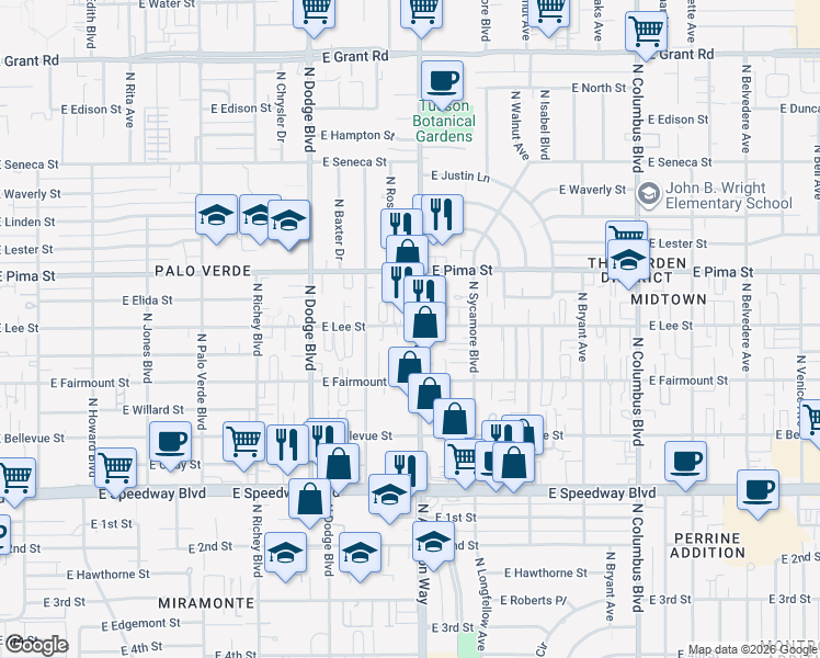 map of restaurants, bars, coffee shops, grocery stores, and more near 1507 North Alvernon Way in Tucson