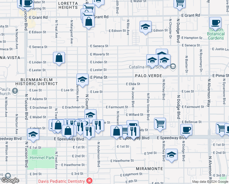 map of restaurants, bars, coffee shops, grocery stores, and more near 3231 East Camden Street in Tucson
