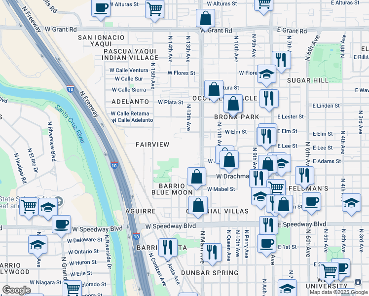 map of restaurants, bars, coffee shops, grocery stores, and more near 1525 North Oracle Road in Tucson
