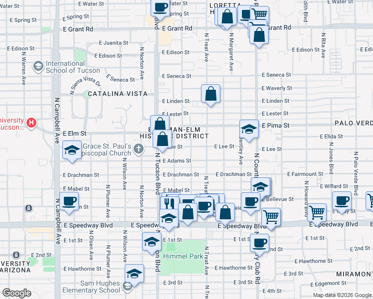 map of restaurants, bars, coffee shops, grocery stores, and more near 2621 East Adams Street in Tucson