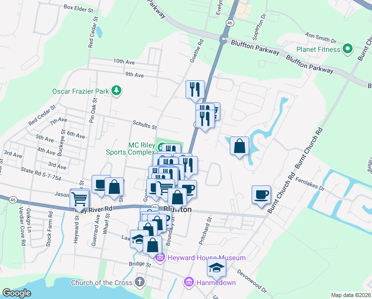 map of restaurants, bars, coffee shops, grocery stores, and more near 172 Bluffton Road in Bluffton