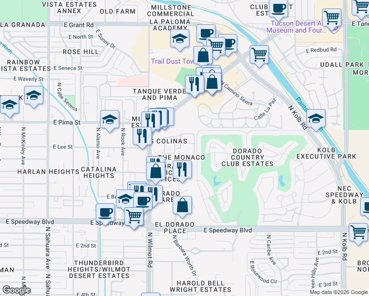 map of restaurants, bars, coffee shops, grocery stores, and more near 1620 North Wilmot Road in Tucson