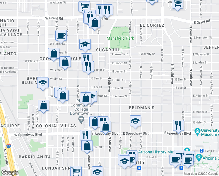 map of restaurants, bars, coffee shops, grocery stores, and more near E Lee St & N 6th Ave in Tucson
