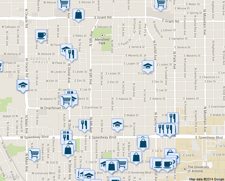 map of restaurants, bars, coffee shops, grocery stores, and more near E Lee St & N 4th Ave in Tucson