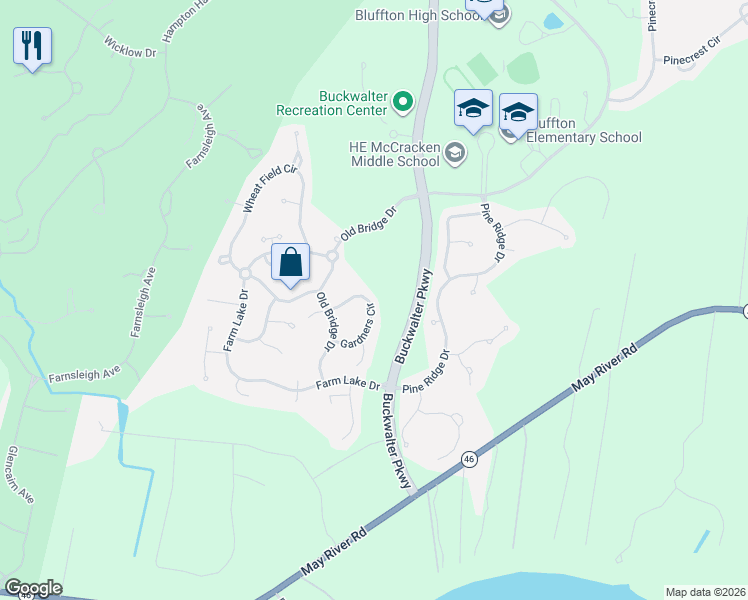 map of restaurants, bars, coffee shops, grocery stores, and more near 401 Gardners Circle in Bluffton