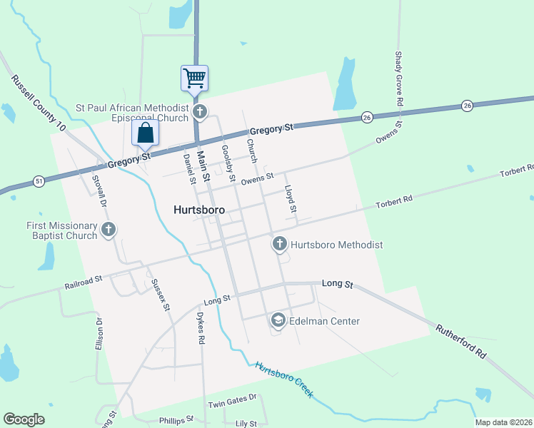 map of restaurants, bars, coffee shops, grocery stores, and more near Church in Hurtsboro
