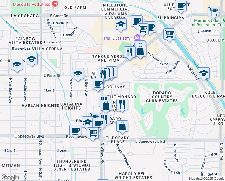 map of restaurants, bars, coffee shops, grocery stores, and more near 1600 North Wilmot Road in Tucson