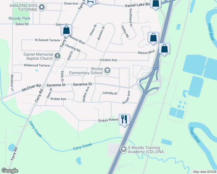 map of restaurants, bars, coffee shops, grocery stores, and more near 333 Savanna Street in Jackson