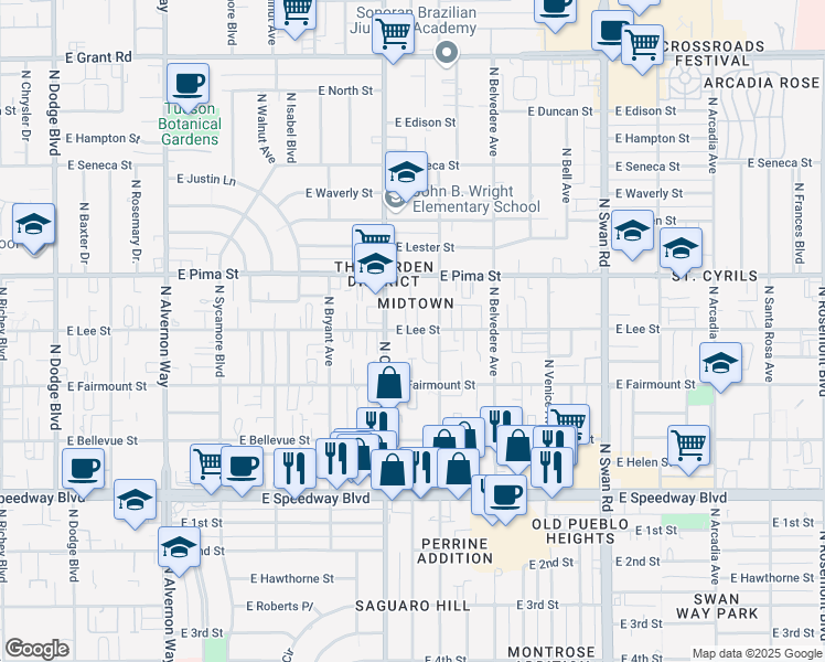 map of restaurants, bars, coffee shops, grocery stores, and more near 1521 North Catalina Avenue in Tucson