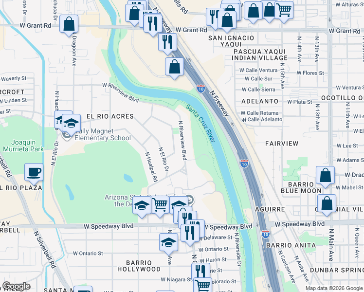 map of restaurants, bars, coffee shops, grocery stores, and more near 1409 North Riverview Boulevard in Tucson