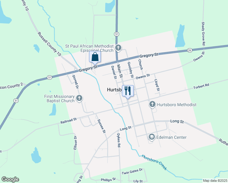 map of restaurants, bars, coffee shops, grocery stores, and more near 490 Daniel Street in Hurtsboro