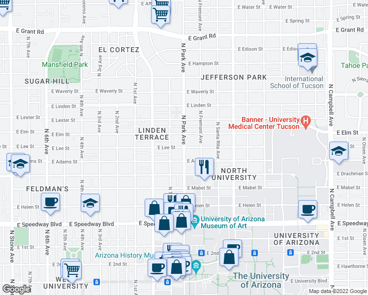 map of restaurants, bars, coffee shops, grocery stores, and more near E Lee St & N Park Ave in Tucson