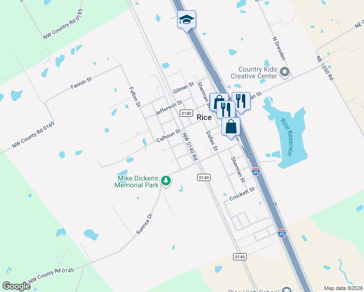 map of restaurants, bars, coffee shops, grocery stores, and more near 205 North Boston Street in Rice