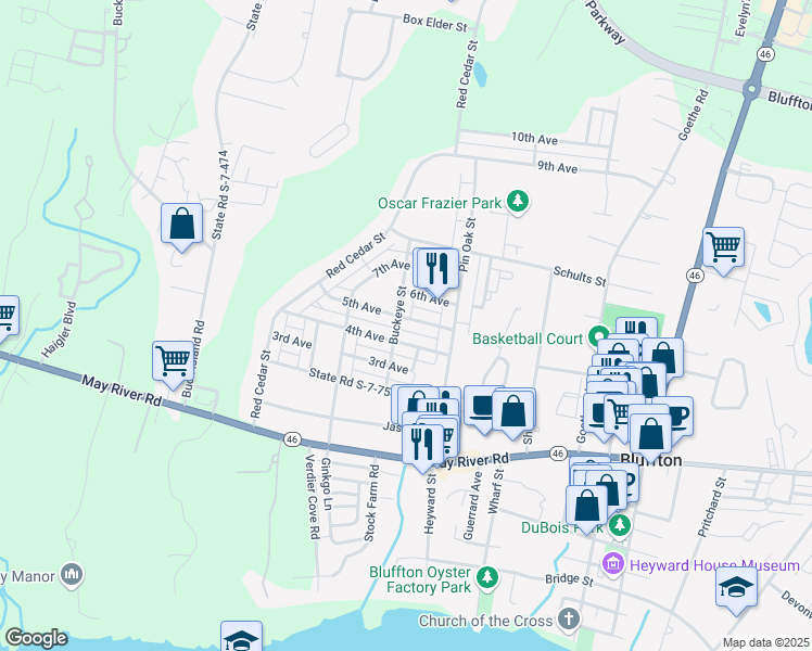 map of restaurants, bars, coffee shops, grocery stores, and more near 10 4th Avenue in Bluffton