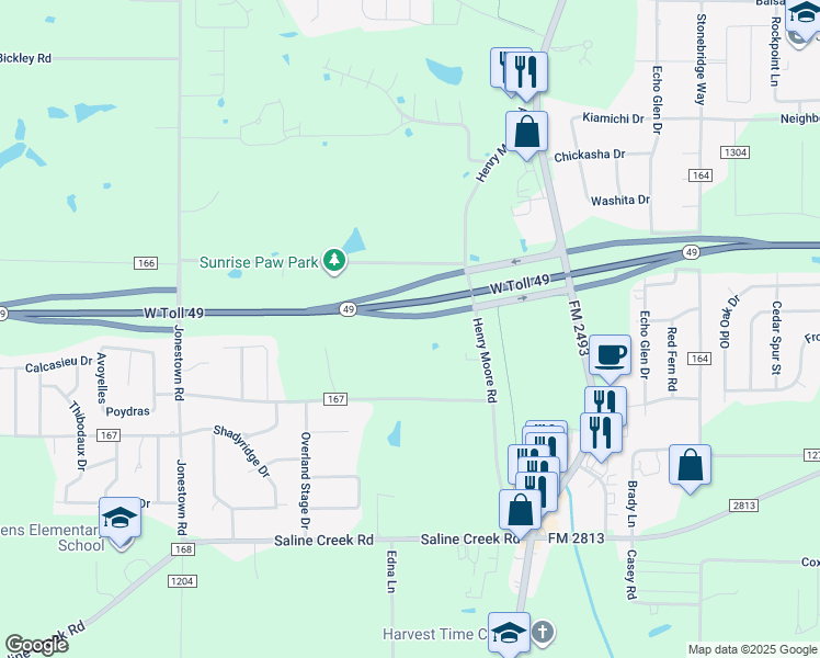 map of restaurants, bars, coffee shops, grocery stores, and more near 16474 County Road 165 in Tyler