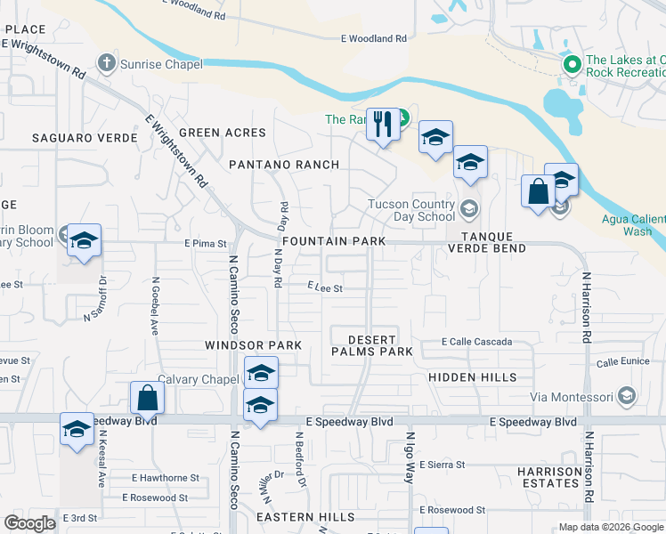 map of restaurants, bars, coffee shops, grocery stores, and more near 8921 East Lee Street in Tucson