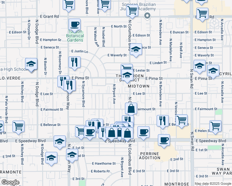 map of restaurants, bars, coffee shops, grocery stores, and more near 1512 North Bryant Avenue in Tucson