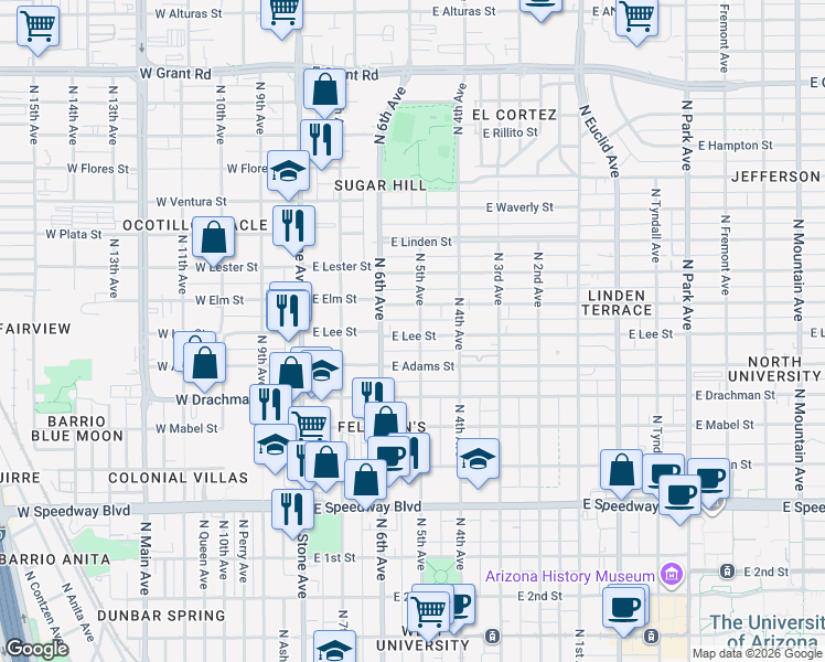 map of restaurants, bars, coffee shops, grocery stores, and more near in Tucson