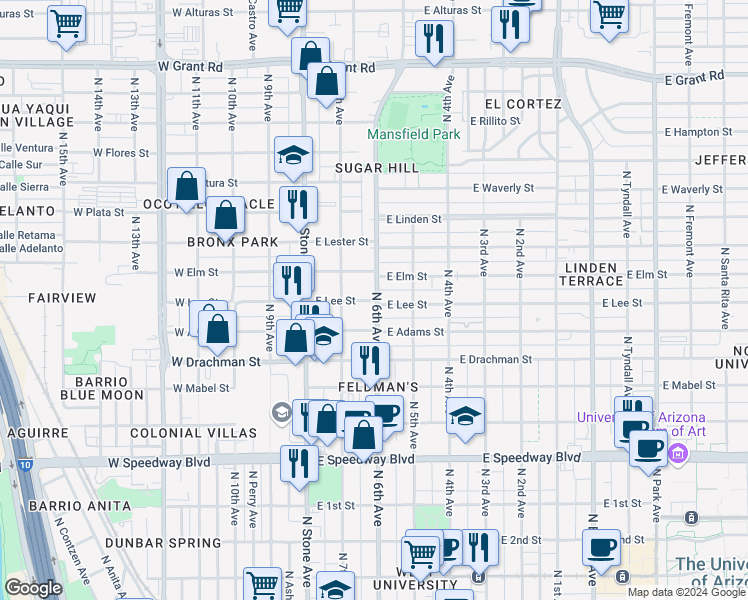 map of restaurants, bars, coffee shops, grocery stores, and more near 1514 North 6th Avenue in Tucson