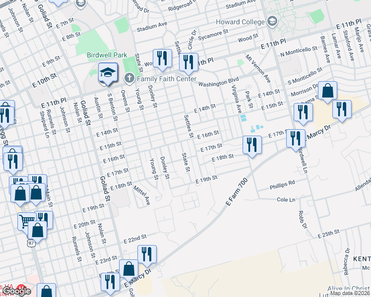 map of restaurants, bars, coffee shops, grocery stores, and more near 1103-1199 E 16th St in Big Spring