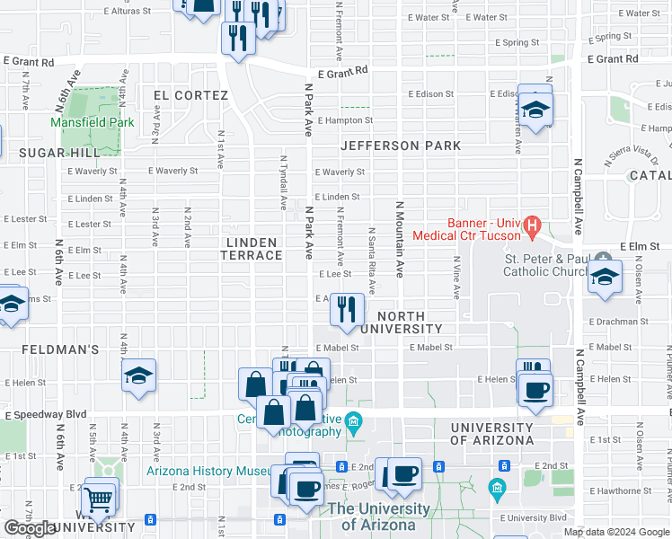 map of restaurants, bars, coffee shops, grocery stores, and more near 1601 North Fremont Avenue in Tucson
